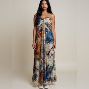 Elana‎ Kattan Whimsy Fairy Strapless Dragonfly Print Maxi Dress Size Large